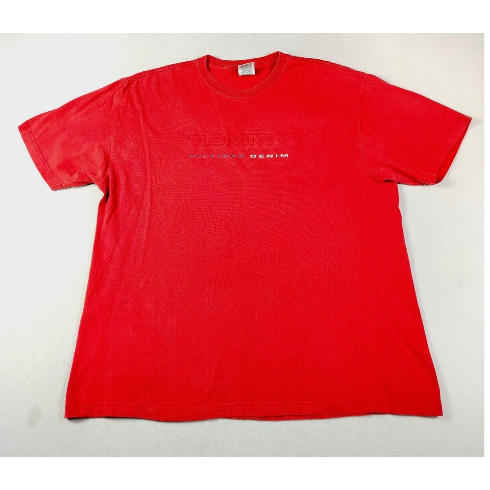Vintage Tommy Hilfiger Denim T-Shirt Mens XL Red Embossed Logo Short Sleeve 90s